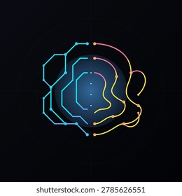 This conceptual graphic displays a stylized human brain divided into two distinct hemispheres on a dark background. The left side features blue geometric circuit patterns representing logic and data, while the right side uses orange organic curves symbolizing creativity. Glowing nodes connect these lines, illustrating neural networks and artificial intelligence.