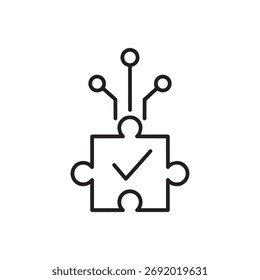 Este ícone conceitual apresenta uma peça de quebra-cabeça com uma marca de verificação, simbolizando uma solução ou conclusão bem sucedida, conectada a circuitos digitais, representando tecnologia e integração de dados.