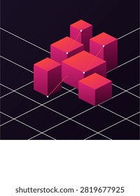 This conceptual isometric illustration features glowing magenta and pink 3D cubes representing data server nodes. These geometric blocks are positioned on a dark perspectival grid, interconnected by thin dashed lines and white circular nodes. It visualizes complex digital infrastructure, cloud computing, big data processing, blockchain technology, and network connectivity system.