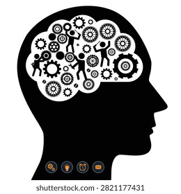 This conceptual monochrome graphic presents a black silhouette of a human head containing a brain-shaped window filled with interlocking gears, cogs, and miniature stick figures adjusting the mechanism. Symbolizing teamwork, mental configuration, problem-solving, and cognitive mechanics, this striking illustration captures the complex inner workings of human intelligence and thought processes. It serves as an excellent visual for productivity blogs, human resource manuals, psychological wellness materials, and corporate leadership presentations.#CognitiveMechanics #ProblemSolving #MindPower #MentalProcess #BrainTraining #CreativeThinking #PsychologyGraphic #TeamworkConcept #Intellect #WorkflowOptimization