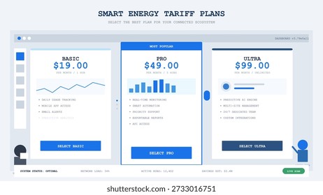 This conceptual vector illustration shows a modern web dashboard displaying smart energy tariff plans, pricing comparison, and feature lists for various subscription tiers.