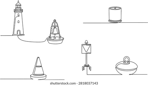 This continuous line art depicts a collection of essential maritime navigation aids including lighthouses and various types of buoys