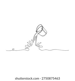 This is a continuous line drawing of a bucket pouring water into a splash. The minimalist design uses a single, unbroken black line on a white background to create a fluid and modern aesthetic. It symbolizes pouring, cleaning, or a fresh start.
