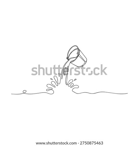 This is a continuous line drawing of a bucket pouring water into a splash. The minimalist design uses a single, unbroken black line on a white background to create a fluid and modern aesthetic. It symbolizes pouring, cleaning, or a fresh start.
