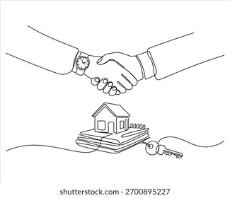Este desenho de linha contínua representa um negócio imobiliário, com um aperto de mão, casa, documentos e chave. Simboliza o acordo, a propriedade e a transferência de propriedade.
