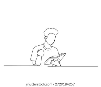 This continuous line drawing depicts a focused individual deeply engrossed in reading a book, expressing determination with a clenched fist on a clean white background