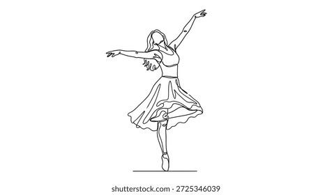 This continuous line drawing showcases the graceful and elegant form of a ballerina in motion. The minimalist style captures the fluidity and poise of a dancer, conveying a sense of rhythm and