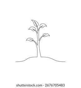 Este dibujo de línea continua muestra un brote en el suelo, ideal para diseños mínimos sobre el crecimiento, la naturaleza o la sostenibilidad.