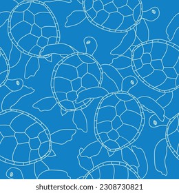 This cool blue textured seamless pattern features sea turtles in blue line art on a darker blue background.