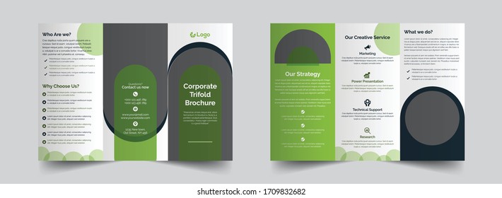 Este es un diseño de tríptico verde corporativo basado en la industria y la empresa