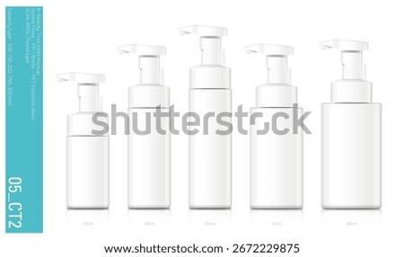 This is a cosmetic container mockup combining a stopper-type bubble pump with a basic cylindrical PET blow-molded bottle. It comes in a white color and is available in five different sizes.
