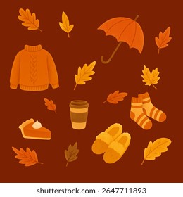 This cozy autumn clipart set includes a warm cable-knit sweater, striped socks, umbrella, takeaway coffee cup, comfy slippers, pumpkin pie slice, and colorful fall leaves. 
