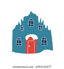 This cozy illustration features a snowcapped winter cottage with a distinctive red door