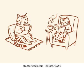 This cozy orange line art sketch features two happy tabby cats: one sipping hot cocoa on a rug, and another reading in a comfortable armchair.

