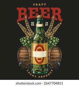 Esta etiqueta de cerveja artesanal apresenta uma garrafa verde cercada por ilustrações de lúpulo e barris de madeira. O design enfatiza o patrimônio cervejeiro local e ingredientes de qualidade.