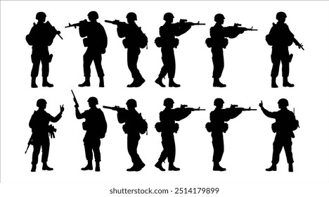 Dies ist ein kreativer Armeesoldat und Waffen mit dem Gewehr und andere Ausrüstung Vector Silhouette in Kollektion Design.