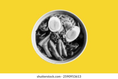 This creative artwork features a halftone collage centered around an enticing dish adorned with perfectly cooked eggs and fresh greens, all set against a bold yellow backdrop.