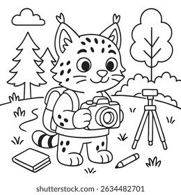 This is a creative black and white drawing featuring a whimsical cat that is expertly holding a camera in its paws