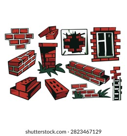 This creative cartoon-style vector illustration collection features a variety of red brick walls and masonry construction elements. The diverse graphic set showcases isolated structural pieces including individual stacked clay bricks with holes, small segments of laid brickwork, a brick house chimney surrounded by grass, a window framed by red bricks, and a dramatic broken wall breach. Completed with a small ladder element against a white backdrop, these comic-style assets are perfect for mobile game environment designs, builder company logos, construction site infographics, and educational materials.#BrickWall #ConstructionVector #CartoonMasonry #BuildingMaterials #GameAssets #BricklayerTools #ArchitectureElements #RedBricks
