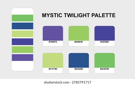 This creative color combination chart titled Mystic Twilight offers a trendy color palette for digital artists. It includes a brand color palette template with six distinct swatches and corresponding hex codes for seamless web design integration.