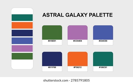 This creative color scheme template showcases an Astral Galaxy theme, offering a unique color combination chart with precise hex codes for digital artists and brand developers to use in modern web design projects.