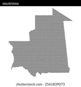 This creative depiction features a dotted map of Mauritania, highlighting its unique geographic shape on a simple background.