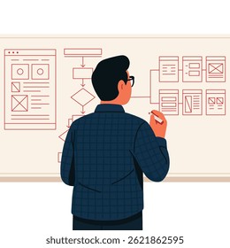 This creative design captures man working on wireframe design planning session, great for presentations, concept marketing, and digital resources.