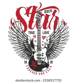 This creative design features a guitar with wings and text about true love and rock music. It highlights a passion for music and expresses a timeless and enduring theme.