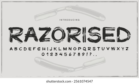 This creative design showcases bold lettering with a vintage style. The text introduces a new font named Razorised complemented by illustrations of razors.