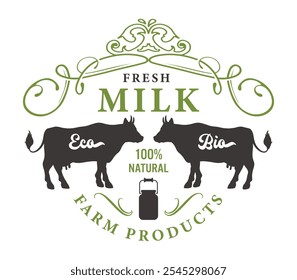 This creative design showcases a fresh milk logo featuring two cows with clear labels emphasizing eco-friendly and natural farm products.