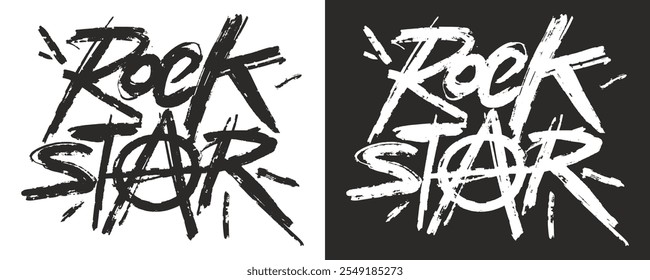 Este diseño creativo muestra un logotipo de estrella de rock con una tipografía audaz y un símbolo de anarquía. La obra de arte se destaca en contrastes de colores blanco y negro que enfatizan su tema rebelde.