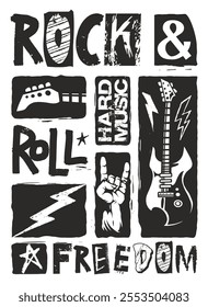 This creative graphic showcases elements of rock music featuring guitars lightning bolts and a hand gesture symbolizing excitement. It emphasizes the vibrant spirit of rock and roll culture.