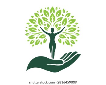 This creative illustration features a dark green human silhouette with arms raised, merging into a vibrant green leafy tree canopy. The entire design is supported by a large hand, presented as an isolated object on a transparent background for convenience.