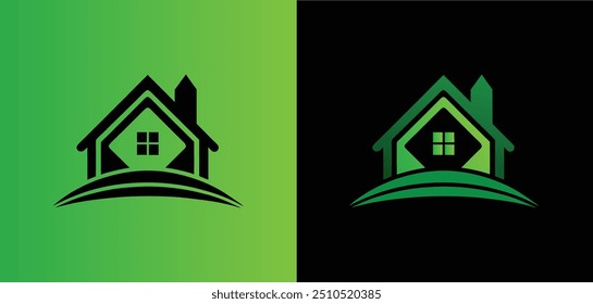 Este design de logotipo criativo apresenta uma casa estilizada com um telhado verde