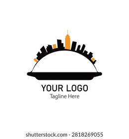 This creative logo design features a stylized city skyline integrated into the shape of a food serving cloche or platter. The design utilizes a contrasting color palette of black and orange, symbolizing urban development, hospitality, and culinary services, making it an excellent choice for a restaurant or catering business.