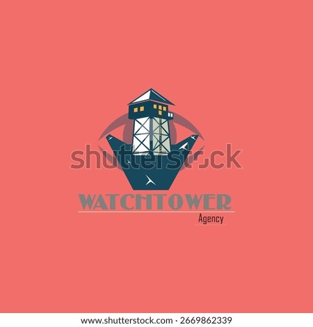 This creative logo design features a bold watchtower structure integrated within an eye symbol, representing vision, security, and vigilance. The strong geometric shapes and modern typography is used.