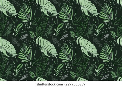 This creative and modern illustration features exotic jungle plants in a collage style pattern. The contemporary design makes this pattern perfect for fashion, drees and home decor applications