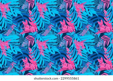 This creative and modern illustration features exotic jungle plants in a collage style pattern. The contemporary design makes this pattern perfect for fashion, drees and home decor applications