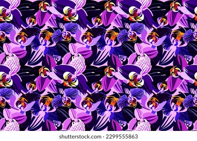 This creative and modern illustration features exotic jungle plants in a collage style pattern. The contemporary design makes this pattern perfect for fashion, drees and home decor applications