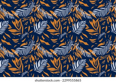 This creative and modern illustration features exotic jungle plants in a collage style pattern. The contemporary design makes this pattern perfect for fashion, drees and home decor applications