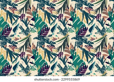 This creative and modern illustration features exotic jungle plants in a collage style pattern. The contemporary design makes this pattern perfect for fashion, drees and home decor applications