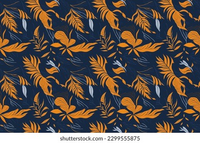 This creative and modern illustration features exotic jungle plants in a collage style pattern. The contemporary design makes this pattern perfect for fashion, drees and home decor applications