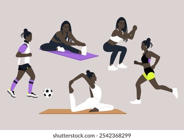 This creative representation captures a female athlete engaging in multiple fitness routines, including stretching, running, and yoga, reflecting strength, health, and versatility