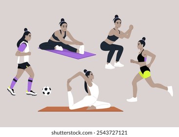 This creative representation captures a female athlete engaging in multiple fitness routines, including stretching, running, and yoga, reflecting strength, health, and versatility