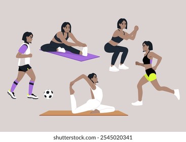 This creative representation captures a female athlete engaging in multiple fitness routines, including stretching, running, and yoga, reflecting strength, health, and versatility