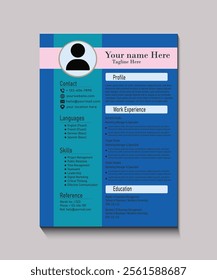 This creative resume template features a bold blue theme with pink accents, offering a professional yet modern look. 