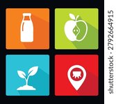 This creative set of four square flat icons showcases organic agriculture and dairy farming concepts including a milk bottle a sliced fruit a growing plant sprout and a dairy location map