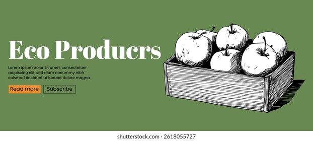 This creative sketch features a wooden crate filled with fresh apples, highlighted on a vibrant green background. Perfect for an eco-conscious website banner or template.