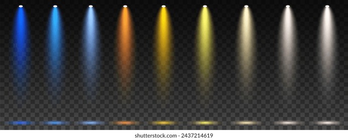 This is a creative vector illustration of bright lighting spotlights set. The light sources are isolated on a transparent background. The art design beam is perfect for concert and scene illumination.