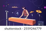 This creative vector illustration features a female musician playing a keyboard in a colorful music studio setup with futuristic elements, perfect for music themes, modern designs.